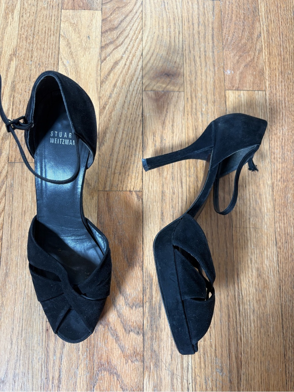 Stuart Weitzman Black Suede Crisscross Ankle-Strap Heels